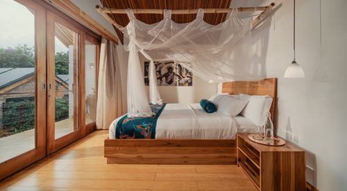 bed with a mosquito net facing a wall of windows