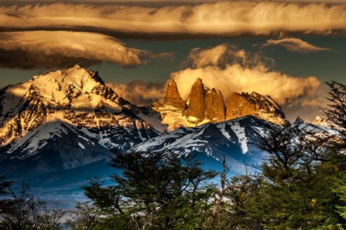 Base of Torres Del Paine covered in cloud and dramatic skies on Argentina & Chile tour