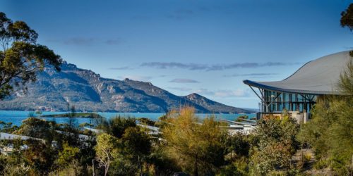 saffire freycinet lodge looking out into wineglass bay and the mountains